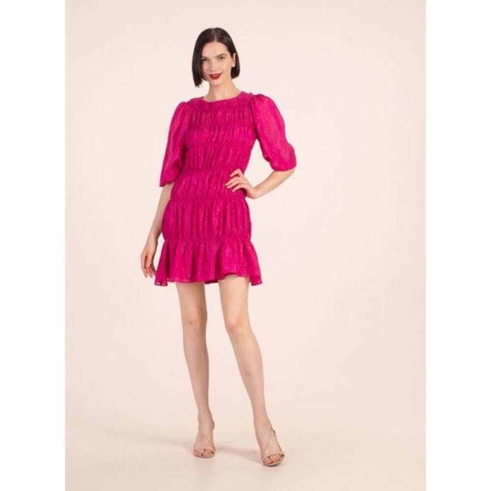 Trina Turk Silvery Metallic Tiered Dress Fuchsia Pink XS NWT Quiet Luxury